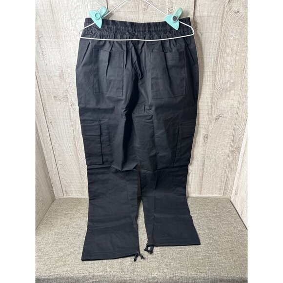 Black Womens Elastic Waist Cargo Pants L w/ Drawstring Hem Side Pockets - Picture 2 of 7